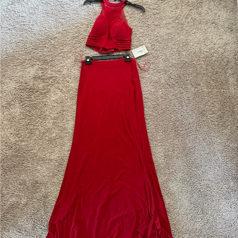 Windsor Red Two-Piece Halter Prom Dress
